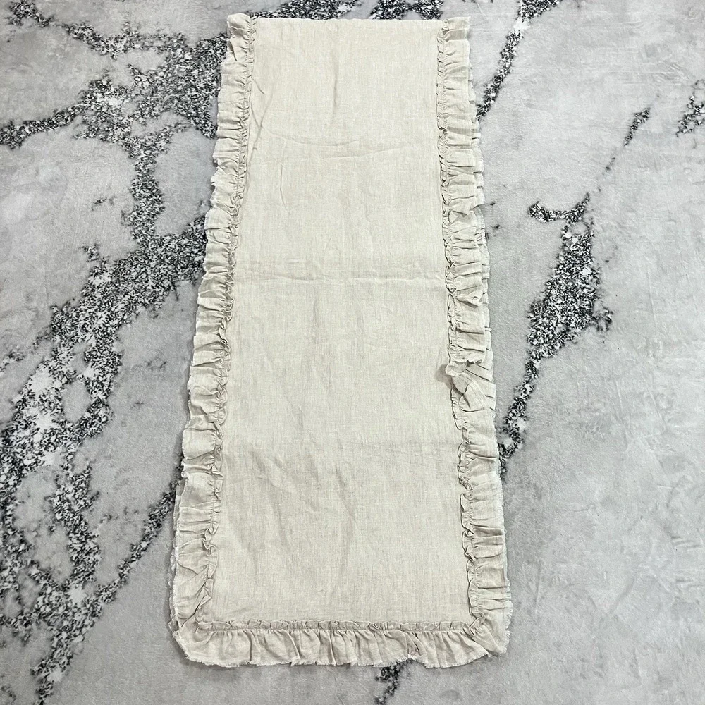 Pure Luxury Linen Ruffle Table Runner Natural Beige 100% Linen Cotton Back 19x70